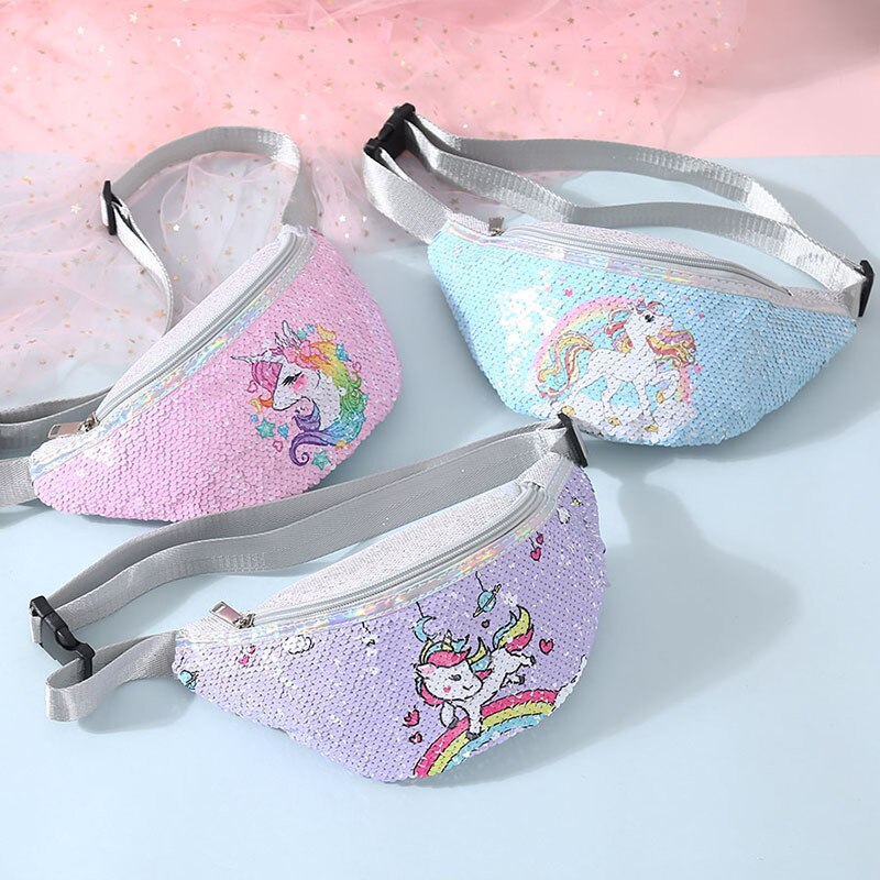 ZFF & WGM bolsa de cintura de lentejuelas con estampado de unicornio a la riñonera para niños bolsa de pecho de dibujos animados bolsa de viaje al aire libre bolsillo teléfono