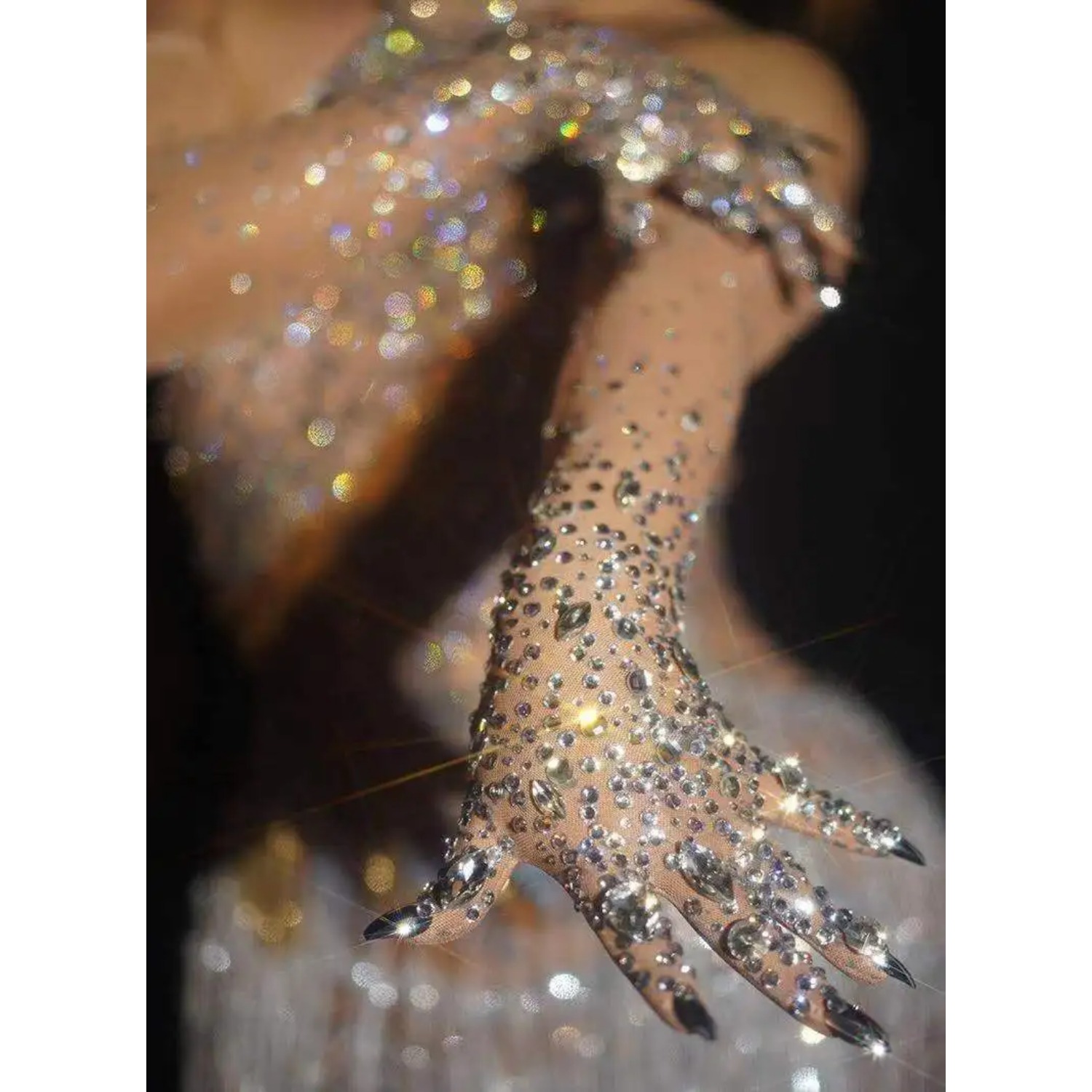 Women Sparkly Luxurious Stretch Rhinestones Long Gloves Crystal Mesh Gloves Dancer Singer Party Nightclub Stage Show Accessories