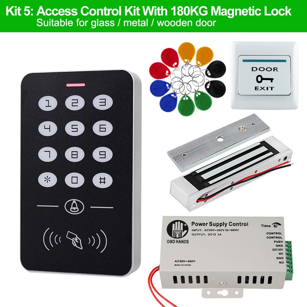 OBO Door Access Control System RFID Keypad EM Card Reader + Power Supply + Electronic Magnetic Lock Bolt Strike Locks for Home: Kit 5