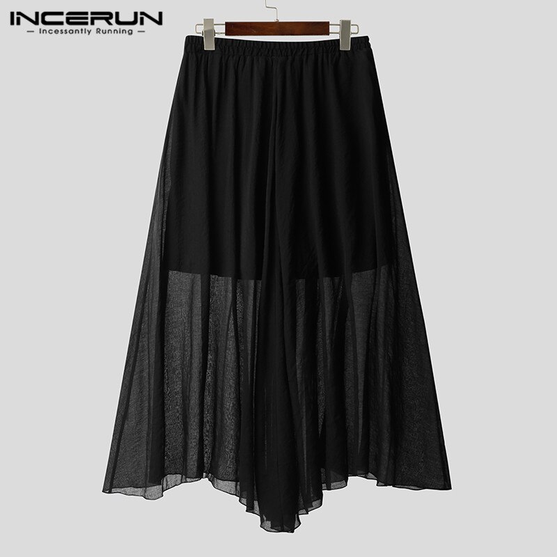 INCERUN Mens Solid Color Skirts Loose Elastic Waist Casual Skirts Spring Male Korean Style Long Skirts Streetwear S-5XL