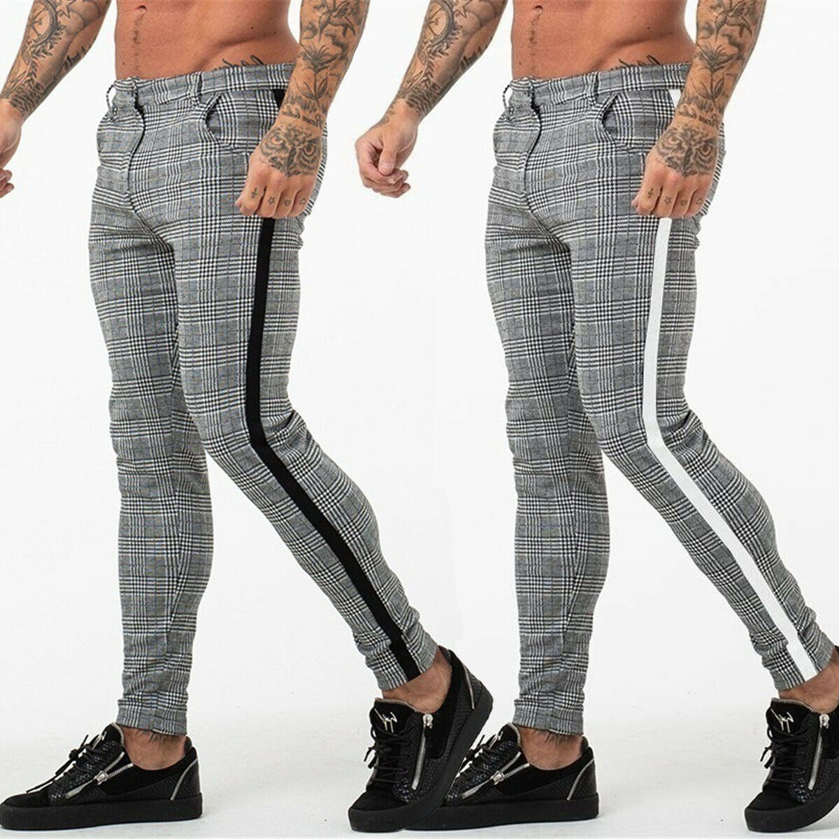 Mens Slim Fit Trousers Trainning & Exercise Pants Check Casual Pants Joggers Tartan Jogging Skinny Bottoms