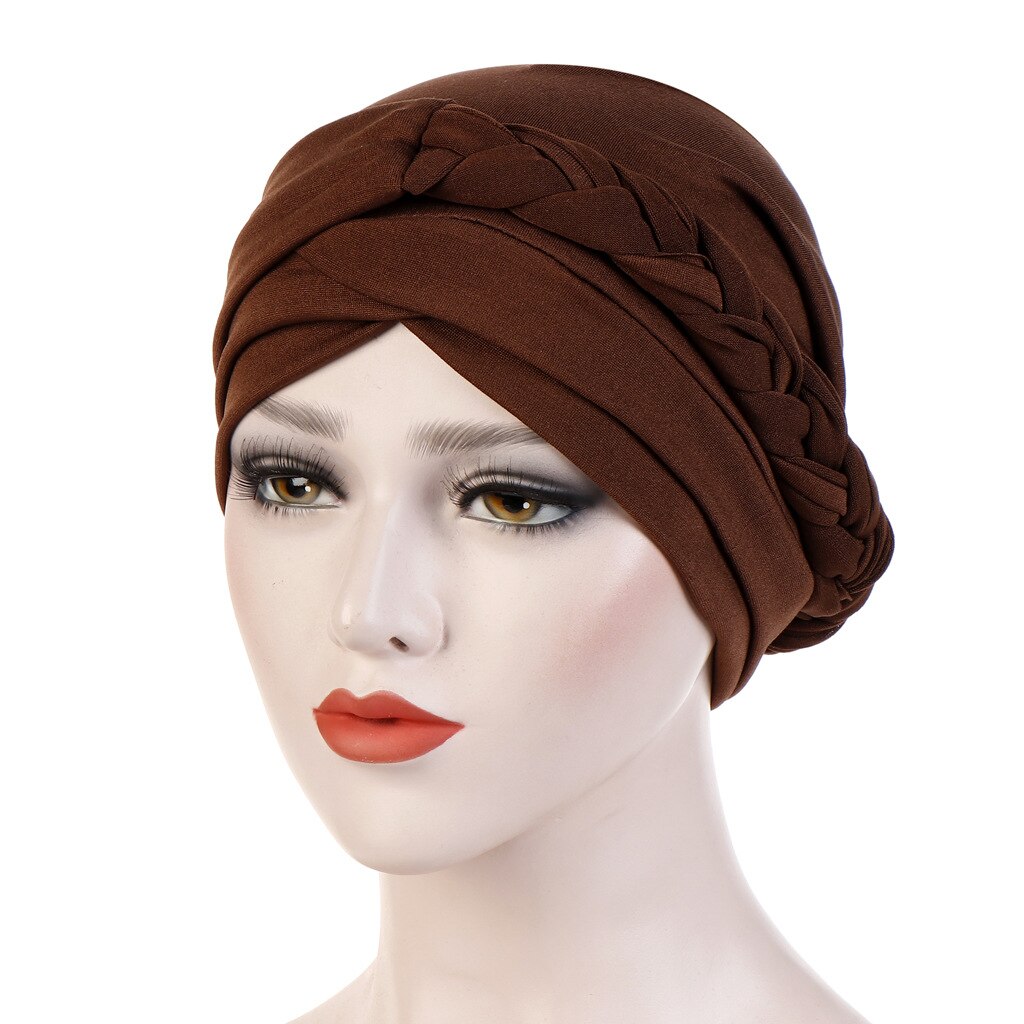 Vrouwen Dames Moslim Haaruitval Stretch Tulband Caps Kanker Chemo Hoed Effen Kleur Braid Head Sjaal Beanie Bonnet: Coffee