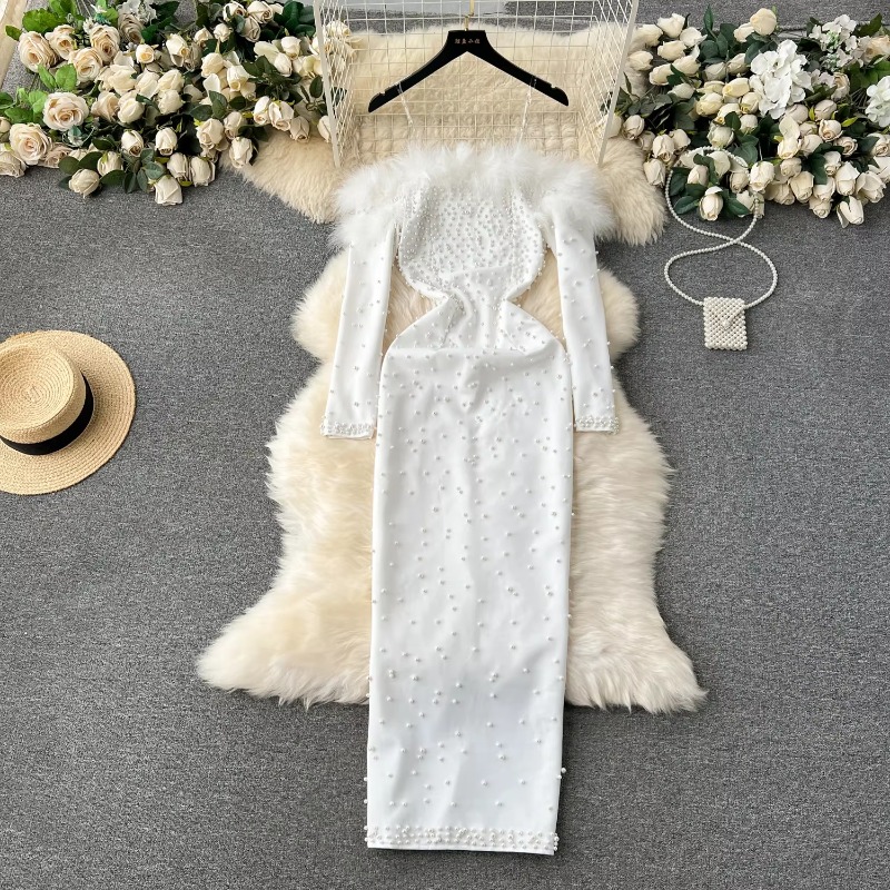 Dam chic fluffig lapptäcke rhinsten långärmad bodycon-klänning med snedskuren halsringning och smal höft- och omlottklänning