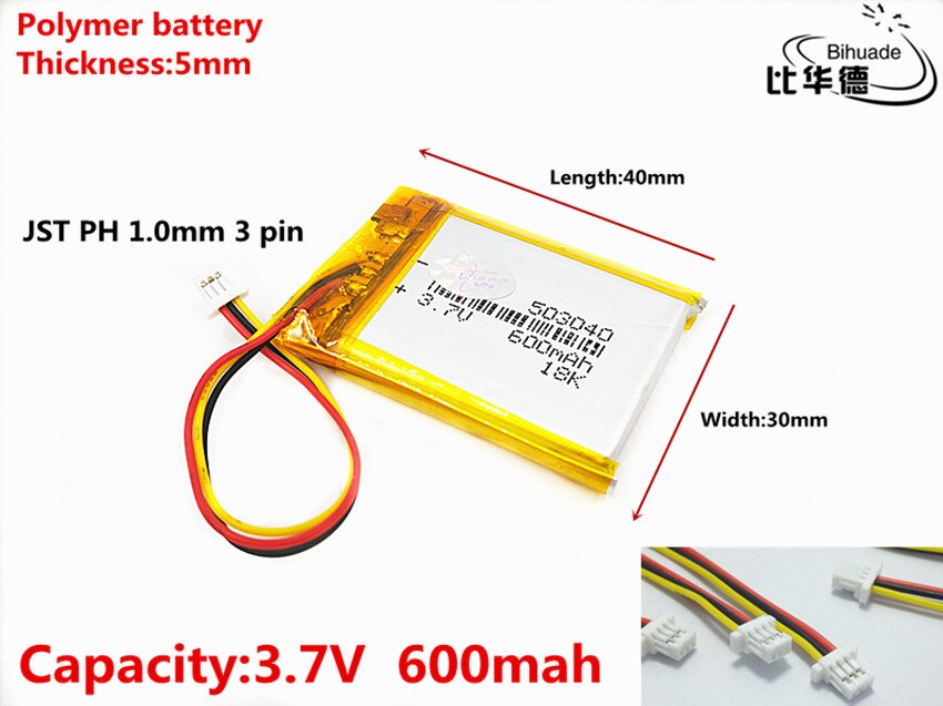 JST – batterie lithium-ion, 3 broches, PH 1.0mm, 3.7V,600mAH, 503040 polymère, pour tablette, pc, GPS,mp3,mp4