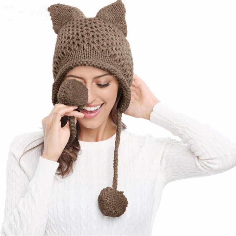 Orecchie di gatto tutto'uncinetto cappello lavorato a maglia paraorecchie cappello a cuffia tutto'uncinetto maglia di lana autunno inverno: leggero caffè