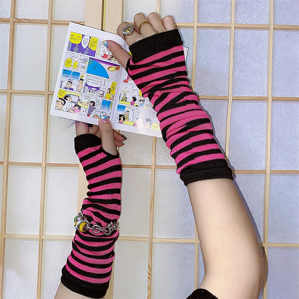 Gant gothique Harajuku Punk Style Rose rouge rayé, mi-doigt Long, 9 couleurs, gants longs pour filles, Streetwear: 3