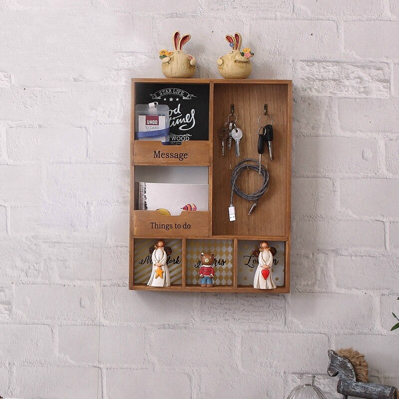 Solid wood storage rack three-layer hook wall hanging debris rack living room keychain kitchen vestibule porch box WF106: brown