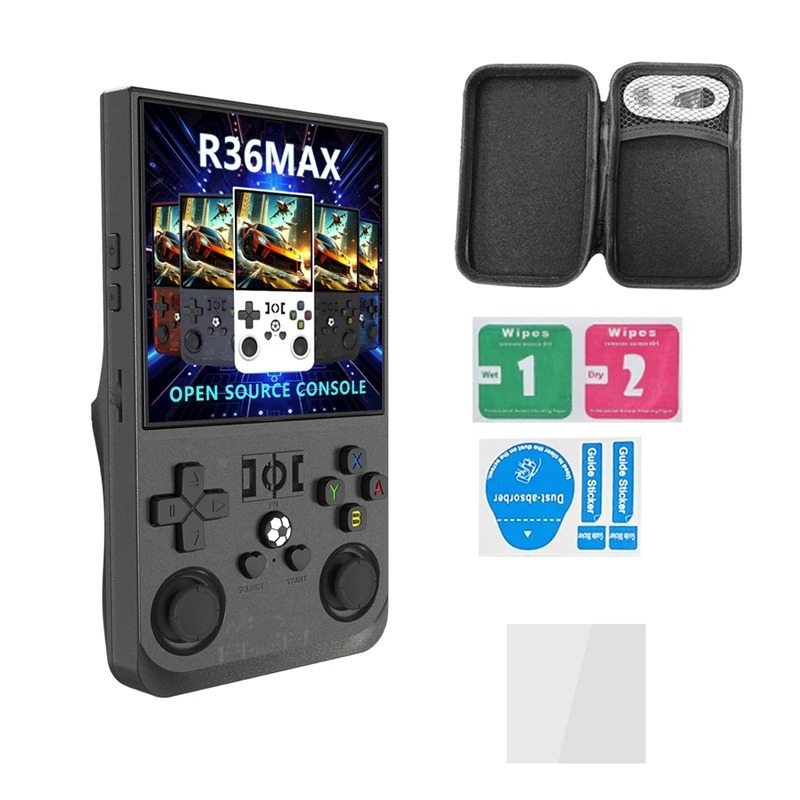 Console de jeu Portable rétro R36 MAX, écran IPS de 4.0 pouces, 64 128 go, lecteur vidéo de poche, prend en charge 30 + émulateurs, 20000 + vermas: Black / Bundle 1