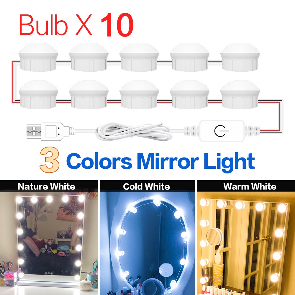 Led Vanity Light Makeup Mirror Light Bulb 12V LED USB Cable Powered Dressing Table Make Up mirror Lamp Decor Bathroom Wall lamp: 3 Colors 10 Bulbs