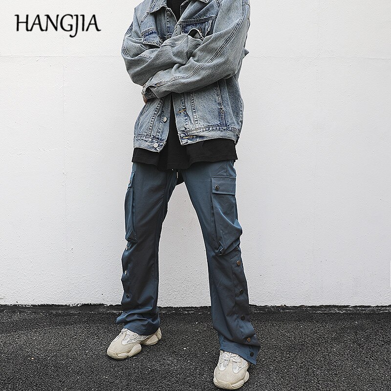 Pantalones acampanados reflectantes de colores para hombre, ropa de calle, pantalones Cargo de , con múltiples bolsillos, botones laterales, extraíbles