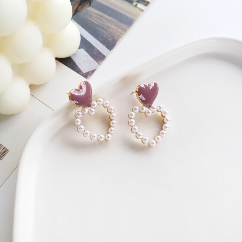 Dolce Rosa Del Cuore Della Perla Orecchini A Pendaglio Per Le Donne Hollow Ciondola L'orecchino Semplice Stile Coreano Dei Monili di Cerimonia Nuziale Regalo Boucles D' Oreilles