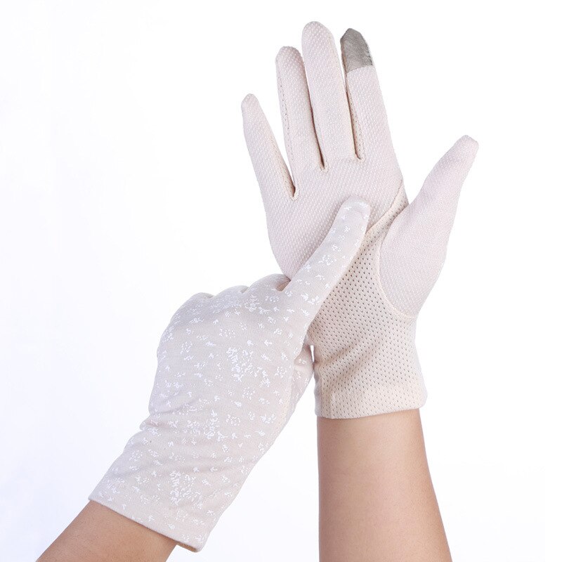 Kvinder sommer anti-slip berøringsskærm elastiske tynde handsker bomuld solbeskyttelseshandsker: Hvid