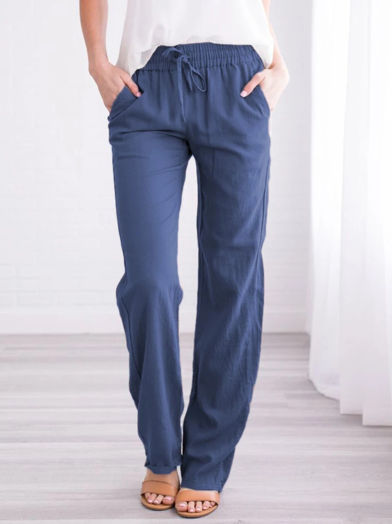 Spring/Summer Women's European and American Solid Cotton Hemp Drawstring Loose Relaxed Wide Leg Pants