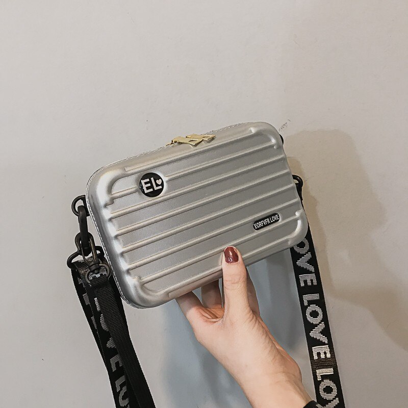 Kvinder mini kuffert form crossbody taske lille skuldertaske med bred brev rem pige kobling håndtaske: Sølv