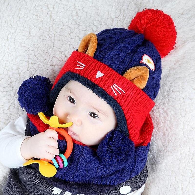 Doitbest 1 to 4 år gammel tegneserie killing fløjl uld børn drenge beanies strikkede pelshatte vinter 2 stk baby pige tørklæde hat sæt: Marine blå