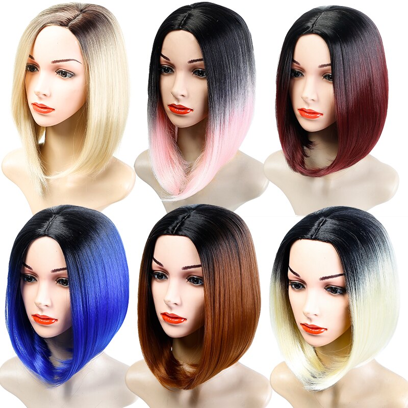 XUANGUANG Medium Bob Lace Front Synthetic Hair Wigs Ombre Green Red Color Yaki Straight Middle Part Blunt Lace Wig For Women