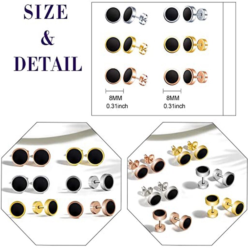 6 Paare Mens Womens Schwarz Zucht Ohrringe rostfrei Stahl Illusion Tunnel Stecker Schraube zurück und Reibung zurück - 8MM