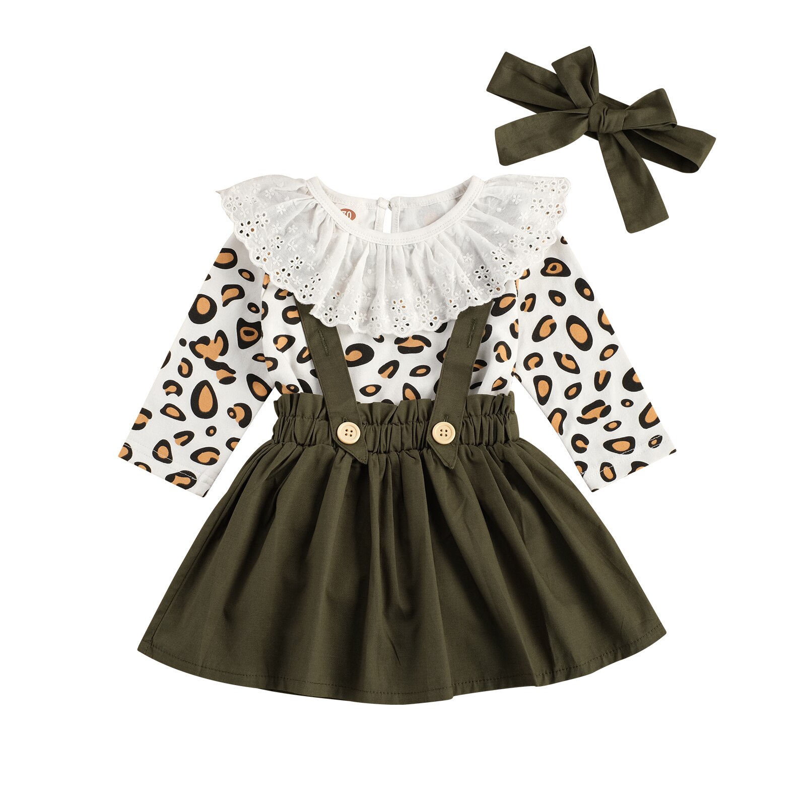 Meisje Drie Delige Set, Baby 'S Leopard Gedrukt Lace Crew Romper Strap Rok Strikje Voor Peuters: 3 / 3M