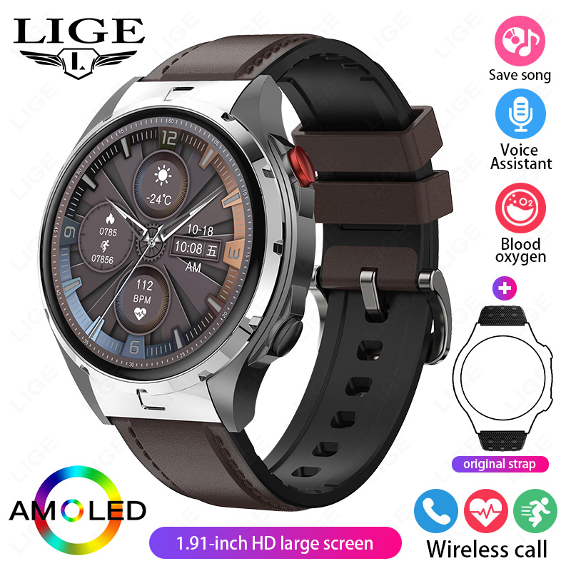 LIGE AMOLED Screen ricarica Wireless NFC Smart Watch Sport impermeabile orologio da uomo Smartwatch da donna 1GB grande memoria chiamata Bluetooth: Rosso