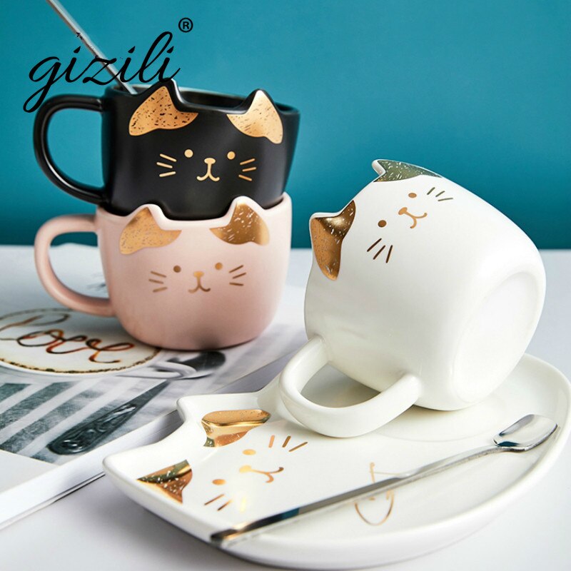 200ML Cartoon Ceramics Cat Mug Set With Saucers Spoon Coffee Milk Mugs Cute Breakfast Drinkware Birthday Porcelain