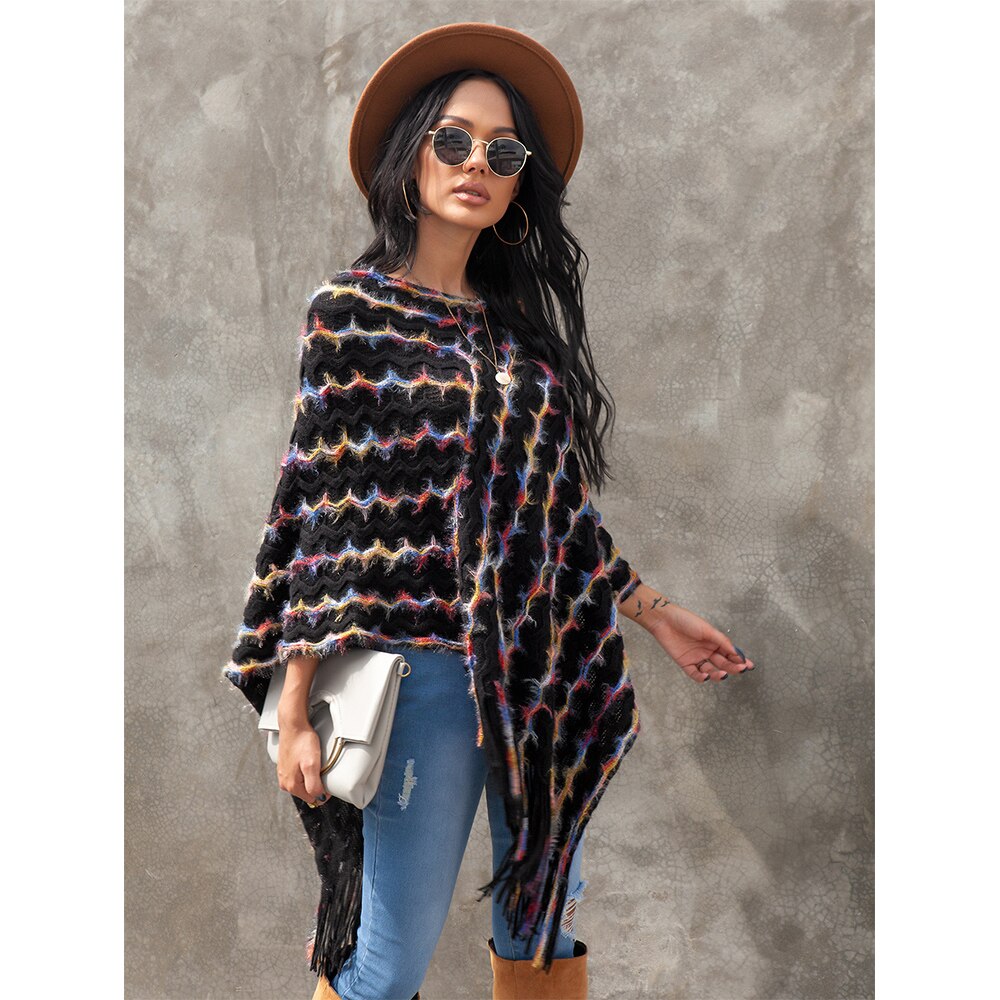 Women Colorful Striped Shawl Cloak Round Neck Wave Pattern Bat Sleeve Tassel Knitted Pullover Sweater for Streetwear