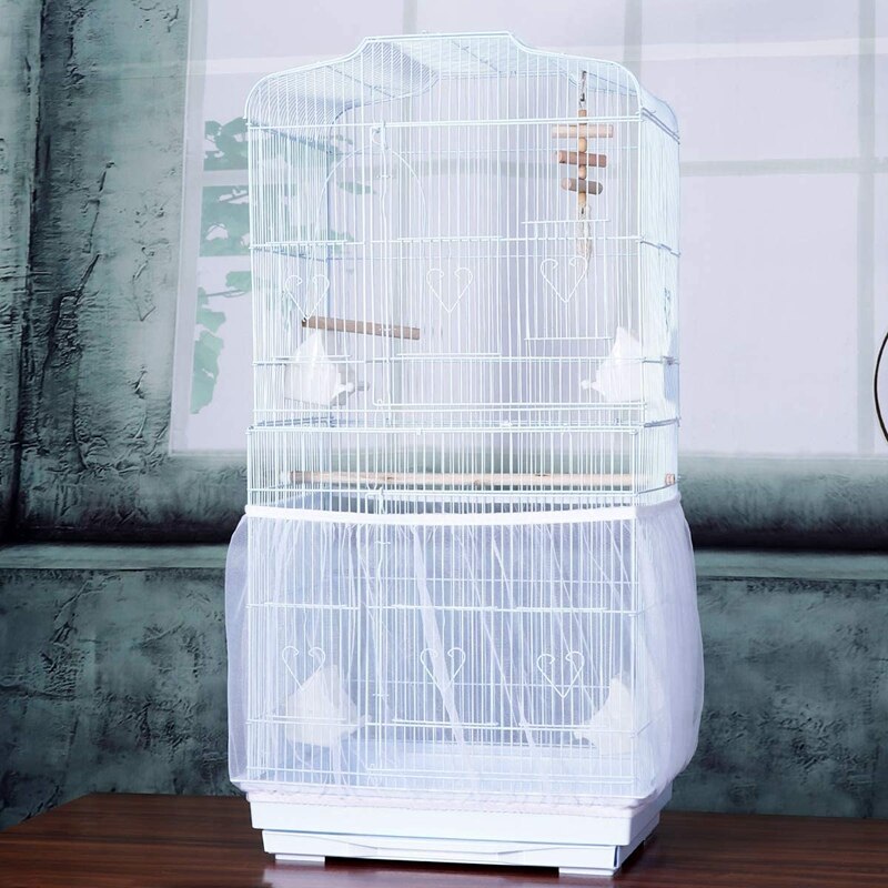 2 Pcs Bird Cage Seed Catcher Parrot Guard Mesh Net Cover Stretchy Shell Soft Airy Skirt Traps Basket Cage (Black/White)