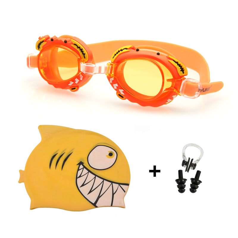 Boy Girl Swimming Goggles Children Silicone Dolphin Fish Caps Ear plug Nose Set Diving Glasses Waterproof Kids Swim Pool Eyewear: Orange Shark