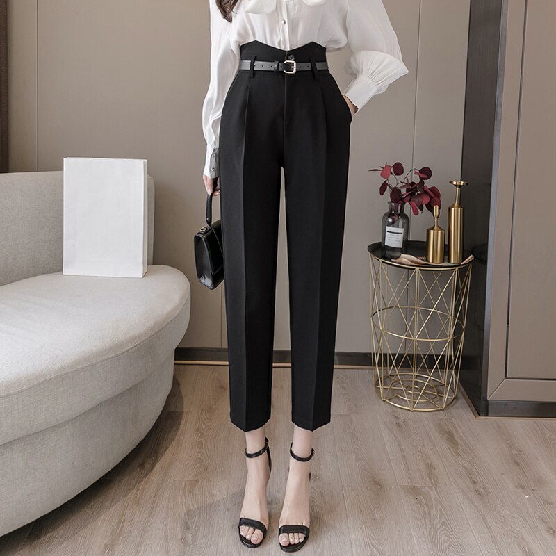 Spring Korean Style Women Formal Harem Pants with Belt High Waist Office Lady Ankle-Length Chic Pants Female