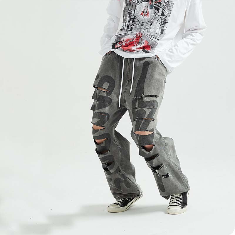 Graffiti letter print casual baggy denim jeans hip hop hipster streetwear hulbukser mænd punk rock bukser mand nf -nb47