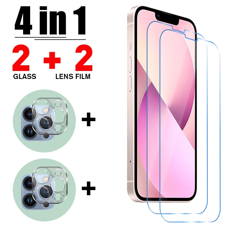 Cristal templado 4 en 1 para iPhone 13, 12 Pro Max, 12 Mini, 11, Protector de pantalla, película de lente de cámara de teléfono, vidrio Protector