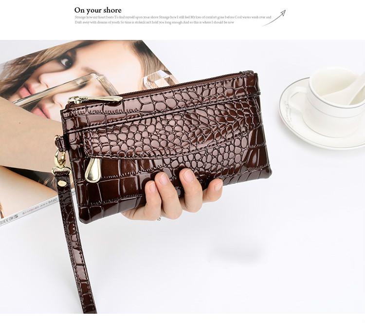 Couro de patente carteiras femininas fallow longo senhoras duplo zíper carteira bolsa de embreagem design vermelho bolsas de crocodilo: Coffee