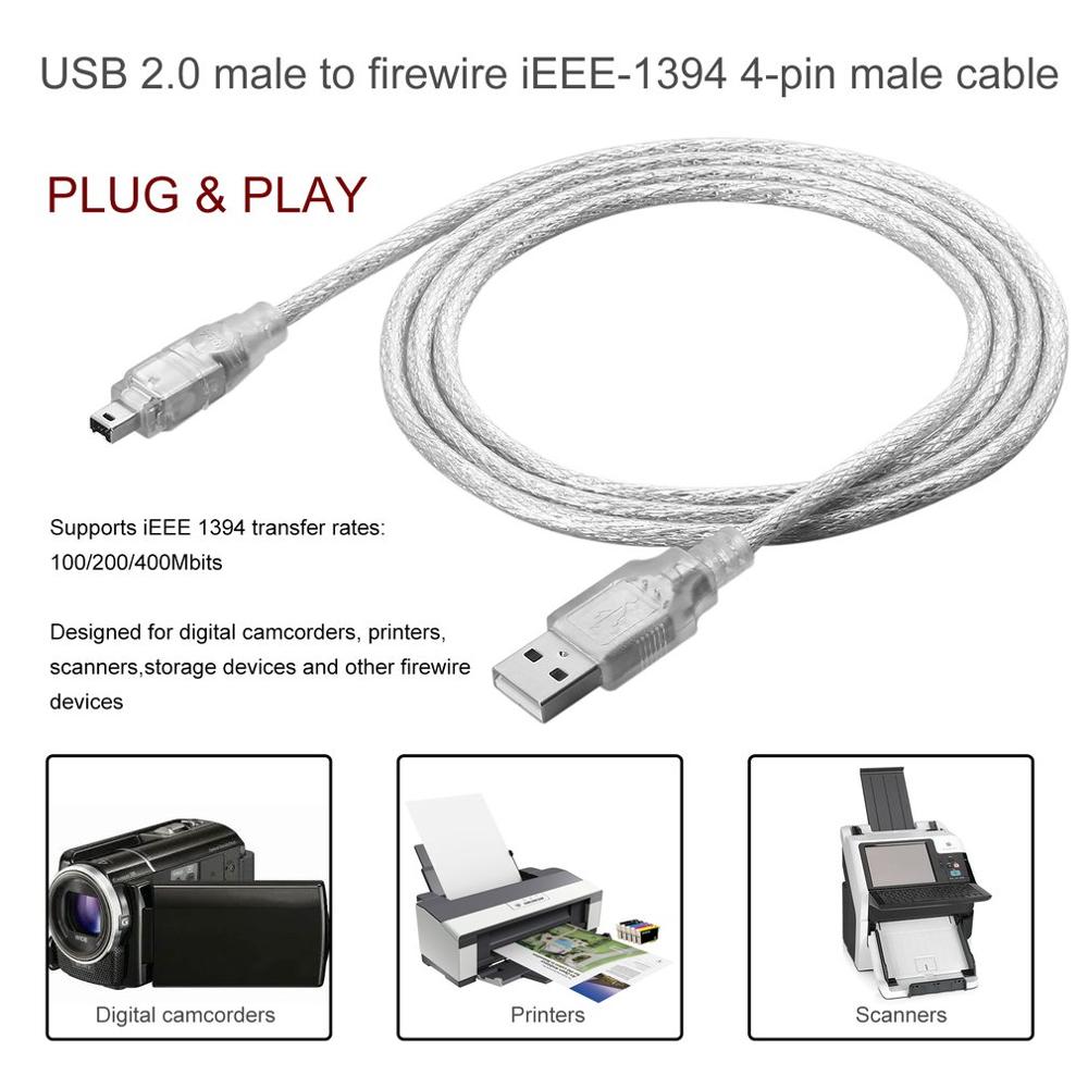 1.2m USB 2.0 Male To Firewire iEEE 1394 4 Pin Male iLink Adapter Cable Male To Male Flexible Cable