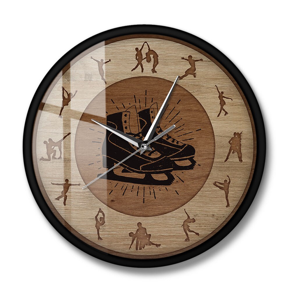Figure Skating Wood Texture Printed Wall Clock Girls Room Silent Hanging Wall Watch Winter Sport Home Decor Ice Skaters: Metal Frame