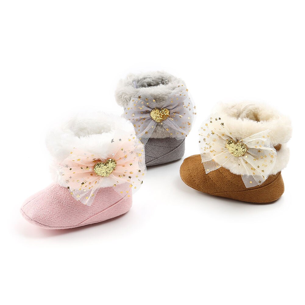 Sneeuwlaarzen voor babymeisjes, zachte zool, antislip, comfortabele voering van imitatiebont, enkellaarsjes met schattige strik van tule