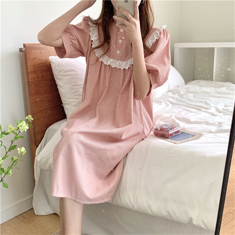 Alien Kitty Sweet Princess Comfortable Chic Casual Homewear Lace Summer Sleepwear Striped Dress Pajamas Loose Nightdress