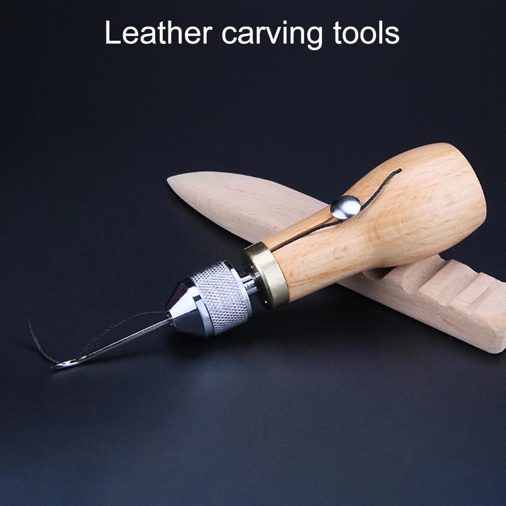 Leather Hand Stitcher Handheld Comfortable to Grip Wood Handle Stitching Awl Set for Thick Fabric Leather Sewing Aw