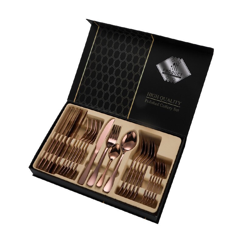 24PCS Western Kitchen Dinnerware Stainless Steel Cutlery Steak Knives Forks Dessert Spoon Tableware Set Box Party Wedding: 24PC Rose Box