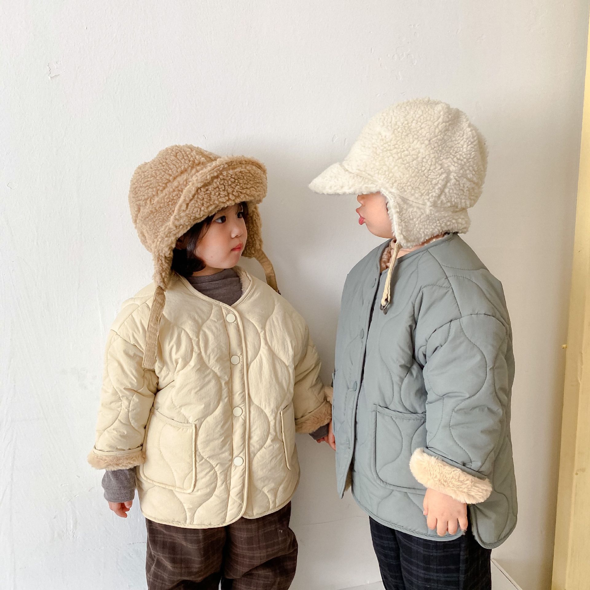 Japanese style Winter boys and girls soft rabbit hair lining jackets Kids children solid color reversible coats