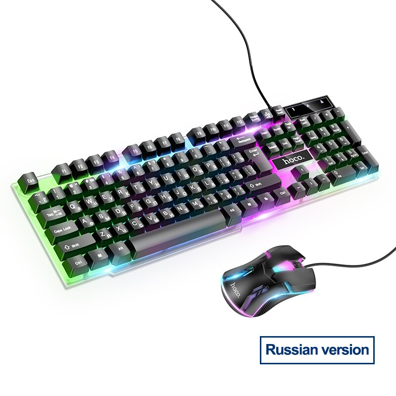HOCO LED Gaming Keyboard Rainbow Backlight EN RU Version 104key USB Wired Mechanical Keyboard with Mouse Set For Gamer PC Laptop: Russian version
