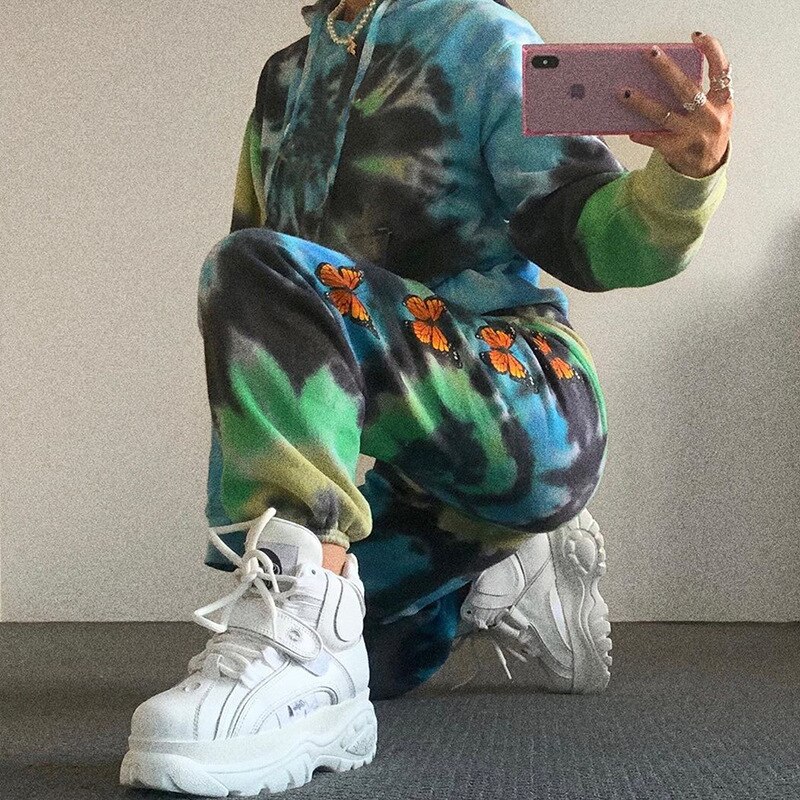 Autumn Harajuku Butterfly Tie Dye Print Baggy Joggers Pants Women High Waist Club Street Hip Hop Sports Casual Trousers