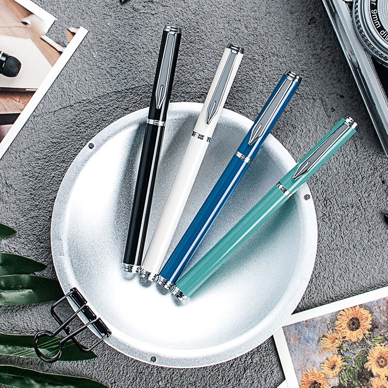 Pluma estilográfica de Clip plateado de 1 pieza, negra, blanca, azul, verde, para elegir, Punta pequeña de 0,38mm, bolígrafos de tinta metálica para escribir para estudiantes