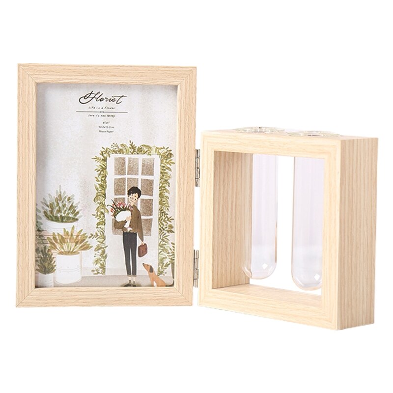 Wood Picture Frame and Plant 2 Vase Combo, Double Sided Display Hinged Desktop Wooden Stand, Glass Planter Terrarium