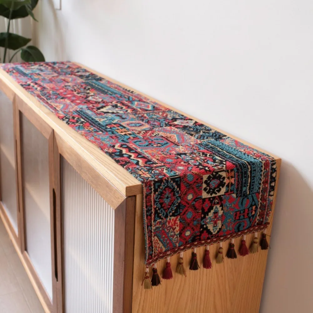 Bieżnik na stół w stylu klasyczny boho z bawełny i lnu z frędzlami, dekoracja robić domu, kuchni, jadalni, etniczna flaga na stół, obrus, ręcznik.: 32*240 cm