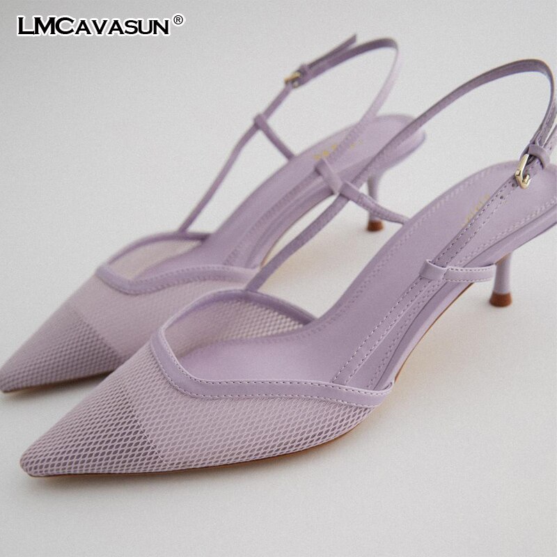 Lmcavi sun sapato feminino de malha violeta, calçado feminino stiletto com salto alto de gato