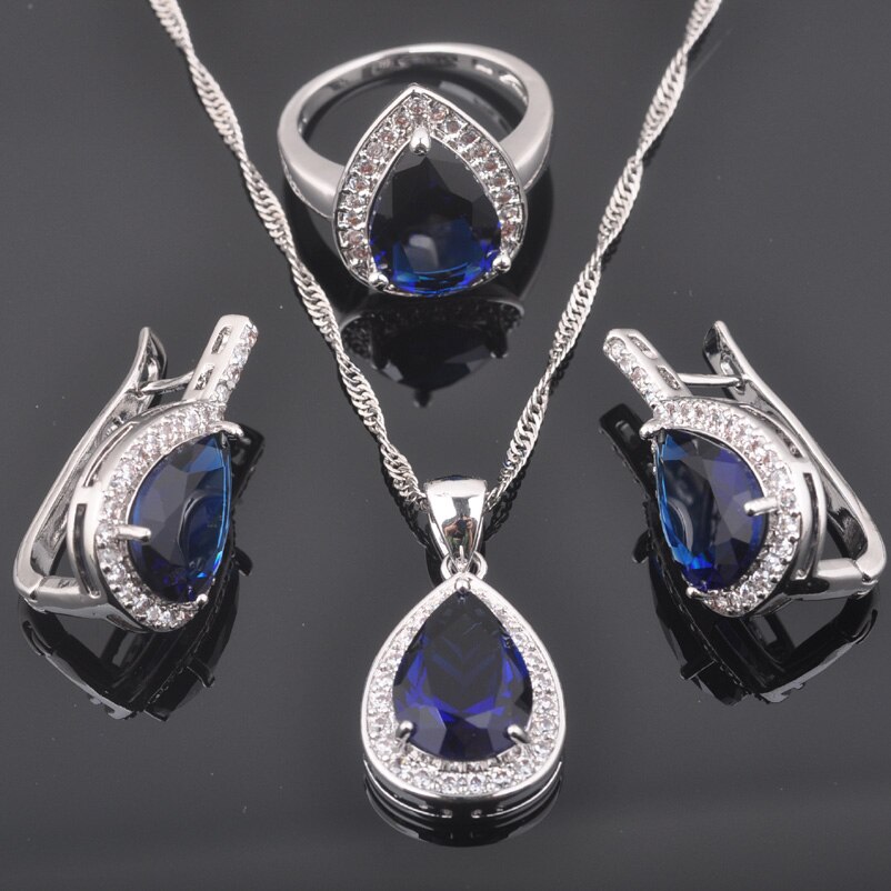 Blauwe Stenen Water Zilveren Kleur Sieraden Sets Armband Voor Vrouwen Bruiloft Ketting Hanger Oorbellen Ring QS0355