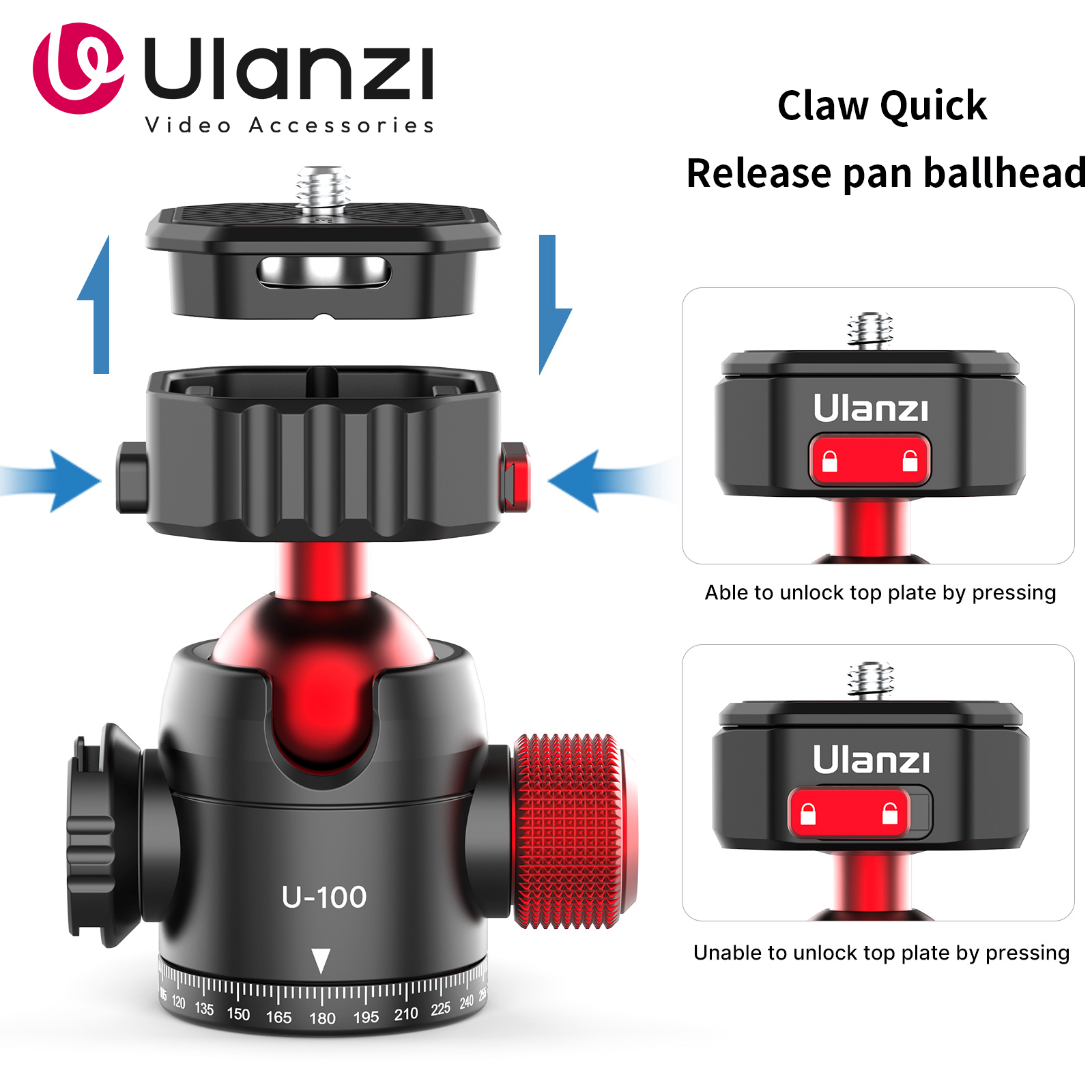 Ulanzi U-100 Klaue PD schnell Freisetzung Panorama Kugelkopf 1/4'' Basis Montieren Platte und Kalten Schuh Kugelkopf 2 in 1 für DSLR