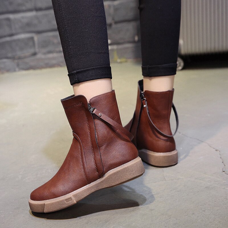Dames enkellaarsjes met rits aan twee kanten, dames martin laarzen, dames zachte leren schoenen, herfst winter korte laarzen