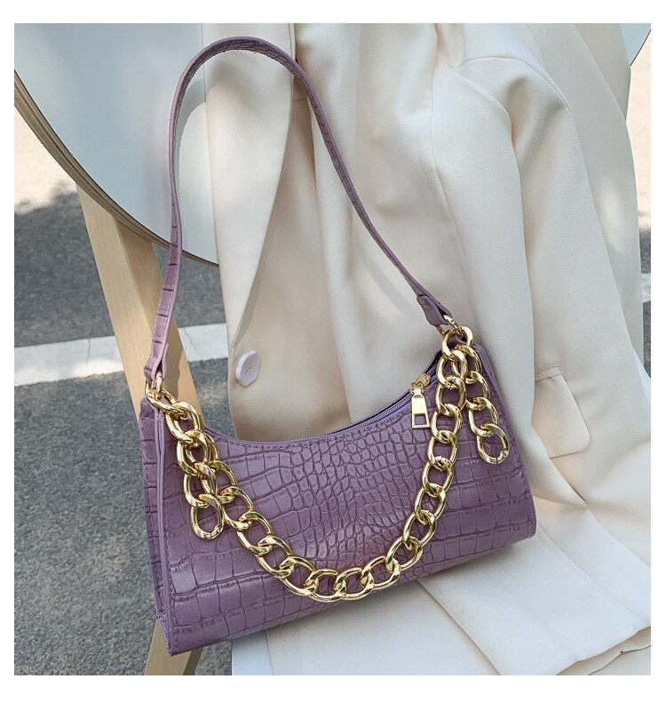 Women Leather Thick Chain Shoulder Bag Casual Daily Travel Female Handbags: purple