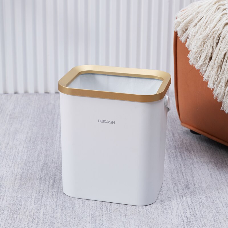 15L Kitchen Bathroom Trash Can with Handle Golden Luxury Square Trash Bin Office Paper Recycling Wastebasket Storage Box