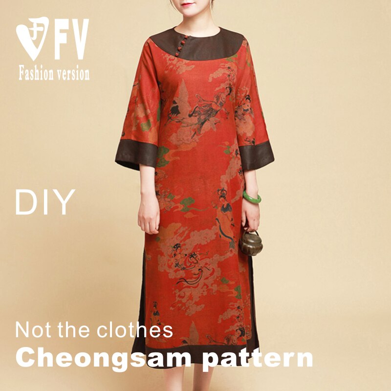 Verbeterd Cheongsam Patroon Vrouwelijke Aarden Geurige Cloud Garen Ronde Hals Robe Snijden Tekening 1:1 Kledingstuk Maken Patroon BQP-74